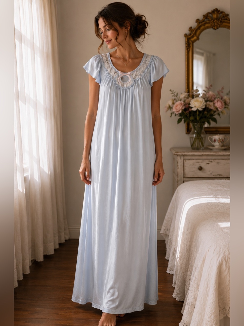 Vintage Vanity Fair Light Blue Embroidered Floor-Length Nightgown Medium